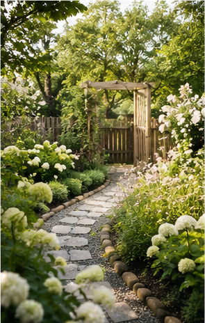 Gartenweg mit hellen Blüten