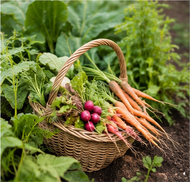 Saisonaler Gartenkalender mit Ernte und Gemüsekorb