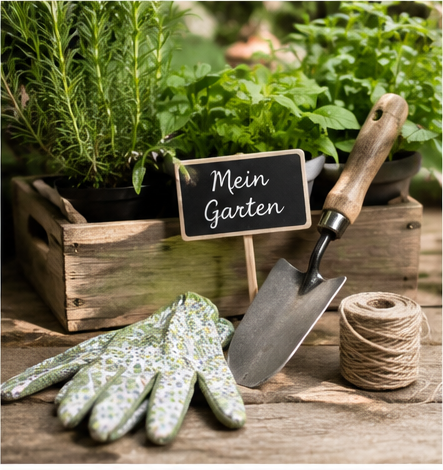 Gartenpflege mit Kräutern, Werkzeug und natürlichen Materialien